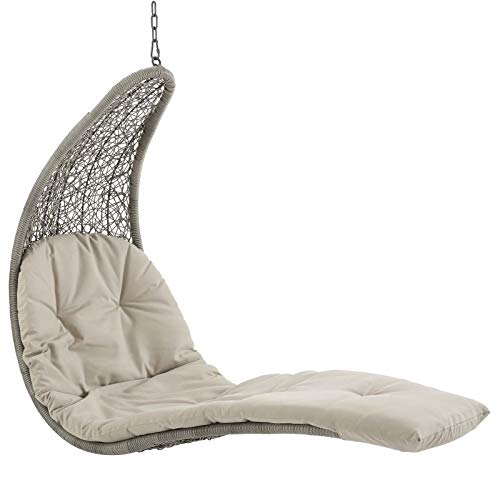 Modway Landscape Wicker Rattan Outdoor Patio Porch Chaise Lounge Swing Chair Set with Stand Light Gray Beige