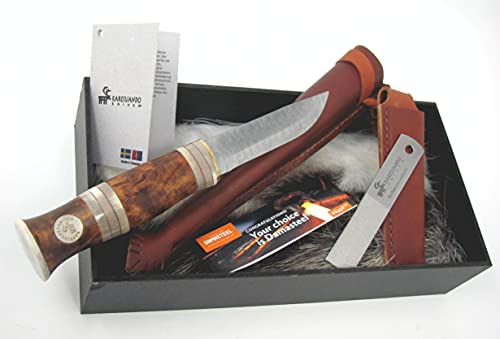 Outdoor Merchants Swedish Handmade Hunting Knife Karesuando Damascus Blade Curly Birch & Reindeer Antler