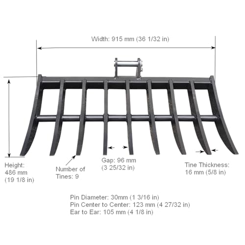 Wallemac Land Clearing Root Rake 36" for Bobcat Mini Excavator Dark Grey