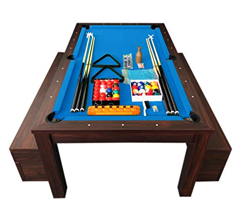 Simba USA 7Ft Pool Table Billiard Blue Dining Table with Benches