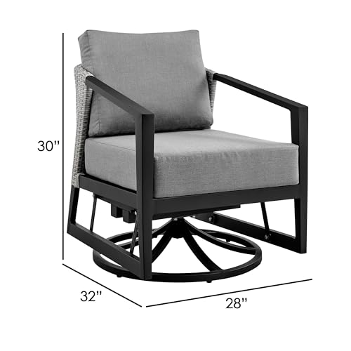 Benzara Nyla 28 Inch Patio Swivel Lounge Chair Wicker Back Aluminum Frame Black Gray