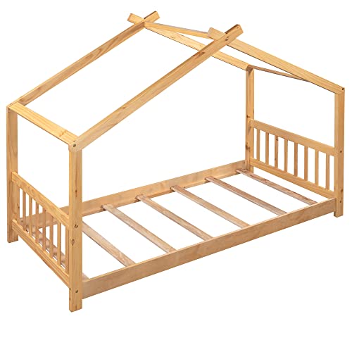 Generic Roof House Platform Bed Frame with Headboard & Footboard Twin Natural