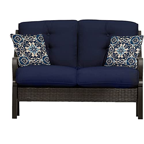 Hanover Ventura Outdoor 4-Piece Patio Furniture Set with Loveseat, 2 Rocking Chairs, Navy Cushions and Ceramic Tile Coffee Table Navy