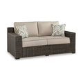 Benzara 71 Inch Outdoor Loveseat with 2 Throw Pillows Resin Wicker Brown Beige Black