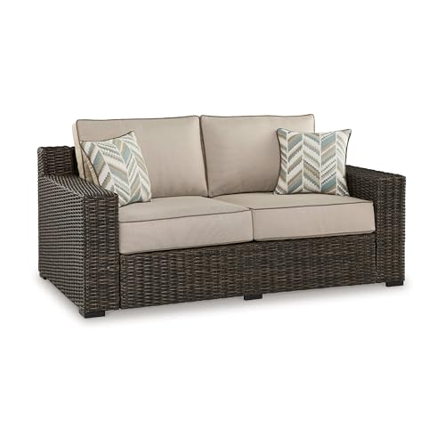 Benzara 71 Inch Outdoor Loveseat with 2 Throw Pillows Resin Wicker Brown Beige Black