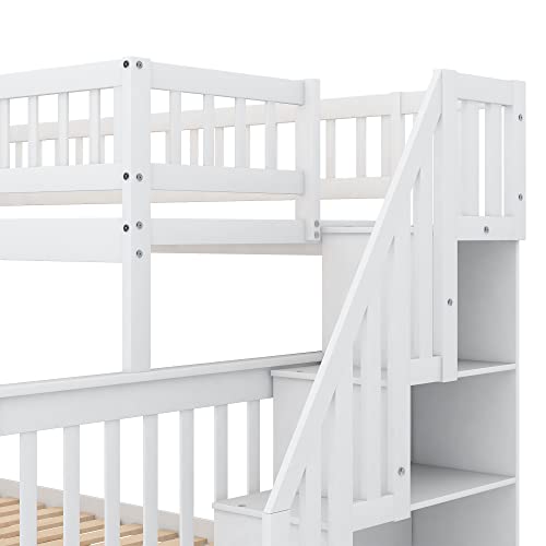 BOVZA Wooden Twin Over Full Bunk Bed with Trundle & Storage Staircase White