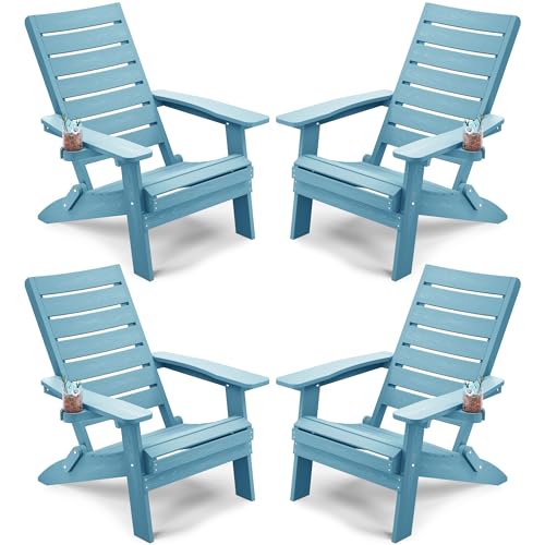 YEFU Folding Adirondack Chair Set of 4 with Arc Back & Cup Holder Blue