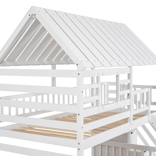 Polibi Twin-Over-Twin Bunk Bed with Storage, Trundle & Slide White
