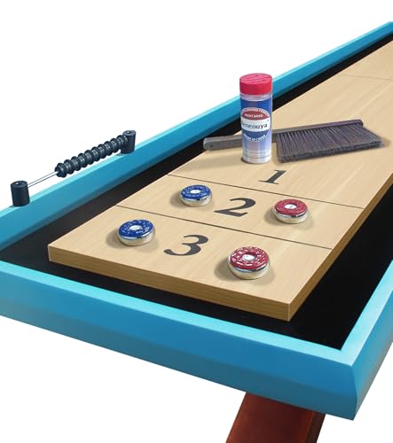Beneouya Shuffleboard Table Curved Base Blue Top with 8 Pucks