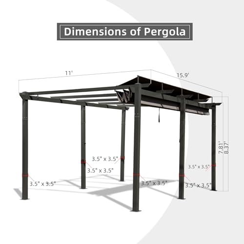 ANTSKU 11x16 FT Outdoor Pergola with Retractable Canopy Dark Grey