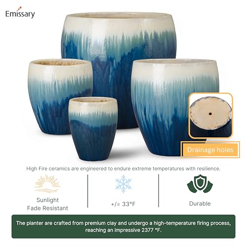 Emissary Set of 4 Blue Snow Round Stoneware Planters (13in, 16in, 19in, 23.5in)