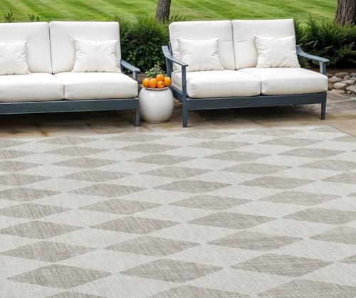 HomeRoots 9' x 12' Beige Geometric Washable Non-Skid Indoor Outdoor Area Rug