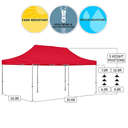 Vispronet 10x20 Instant Canopy Tent with Side Wall - Commercial Grade Steel Frame, Water-Resistant Canopy, Bonus Bag & Stake Kit Red