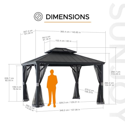 Sunjoy Hardtop Gazebo 10x12 ft Outdoor Patio Aluminum Frame with Solar Panel and Netting Black