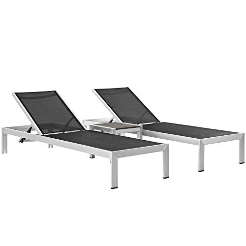 Modway Shore Aluminum Textilene Mesh Outdoor Patio Chaise Lounge Chair and Side Table Set Black