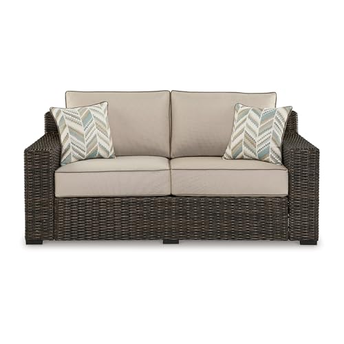 Benzara 71 Inch Outdoor Loveseat with 2 Throw Pillows Resin Wicker Brown Beige Black