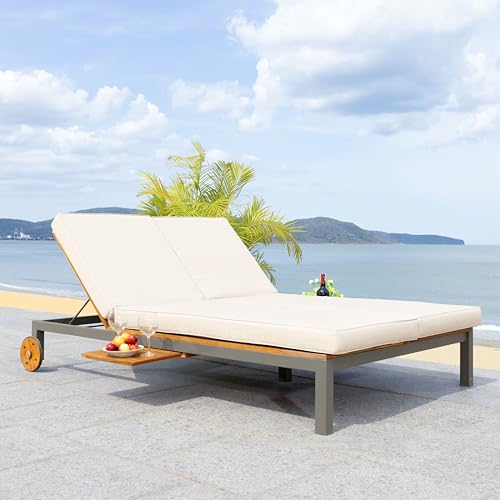 Safavieh Outdoor Collection Jackman Double Lounge Chair with Pull-Out Side Table Grey/Light Grey