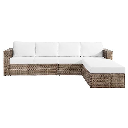 Modway Convene Wicker Rattan Outdoor Patio Sectional Sofa and Ottoman Set Cappuccino White