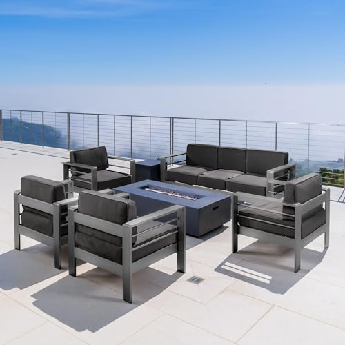 Christopher Knight Home Cape Coral Outdoor Aluminum 7 Piece Conversation Set with Fire Table Dark Gray + Gray