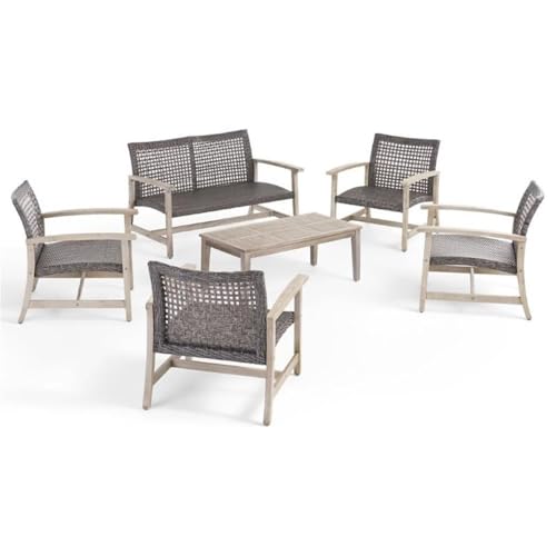 Noble House Hampton 6 Piece Outdoor Wood and Wicker Loveseat Set Black
