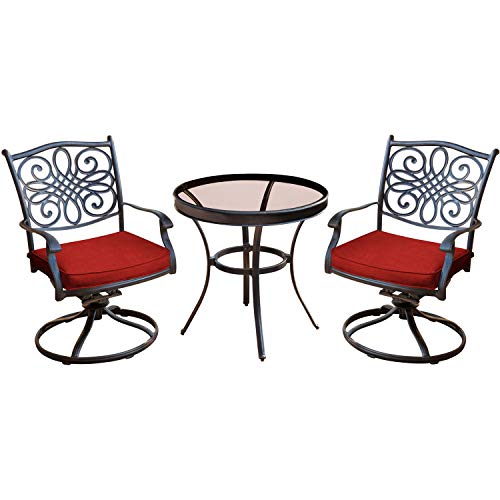 Hanover Traditions 3-Piece Patio Bistro Set with 2 Swivel Rockers and Glass-Top Table Red