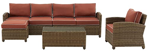 Crosley Furniture Bradenton 5-Piece Outdoor Sectional Sofa Weathered Brown with Sangria Cushions