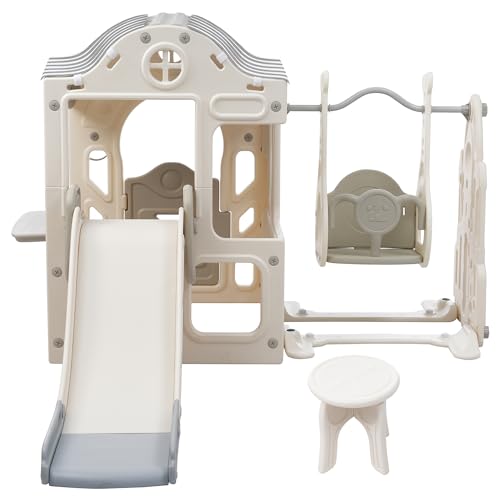 KZPFER 6-in-1 Toddler Slide and Swing Set Off-White/Grey
