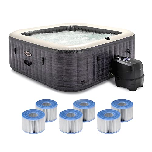 Intex PureSpa Plus Greystone Inflatable Square Outdoor Hot Tub Spa 94 x 28 with Type S1 Easy Set Pool Filter Replacement Cartridge (6 Pack)