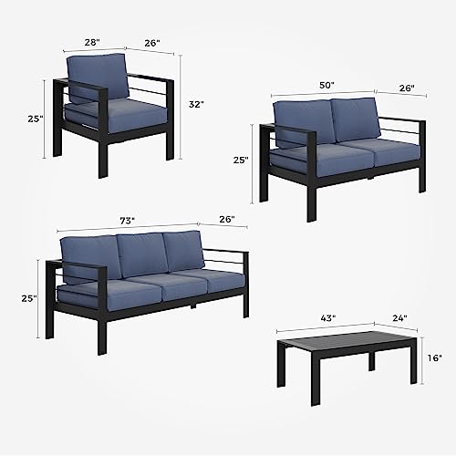 Solaste Aluminum Patio Furniture Set 7 Seats Modern Outdoor Sectional Sofa with Coffee Table Blue Cushion