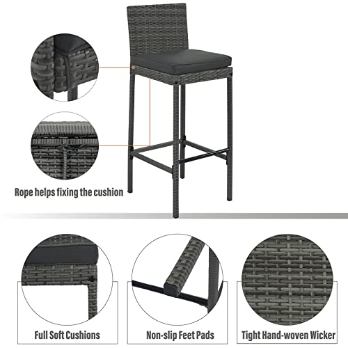 EPOFIT 5-Piece Wicker Outdoor Bar Set with 4 Cushioned Stools & Acacia Wood Table Grey