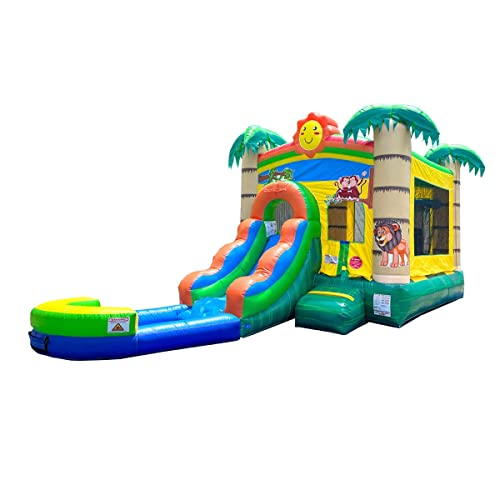 Pogo Bounce House Inflatable Tropical Smiley Castle Combo with Slide and Pool