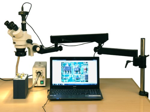 AmScope Digital Trinocular Stereo Zoom Microscope 3.5X-180X with Fiber-Optic Ring Light and 5MP Camera