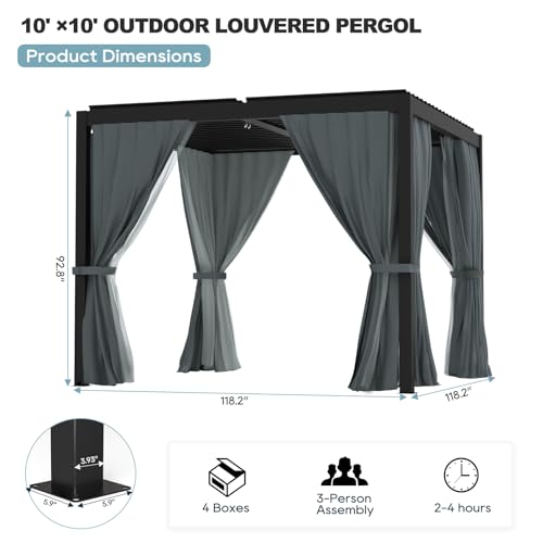 GS CHIER Outdoor Louvered Pergola 10' x 10' Adjustable Roof Black with Curtain