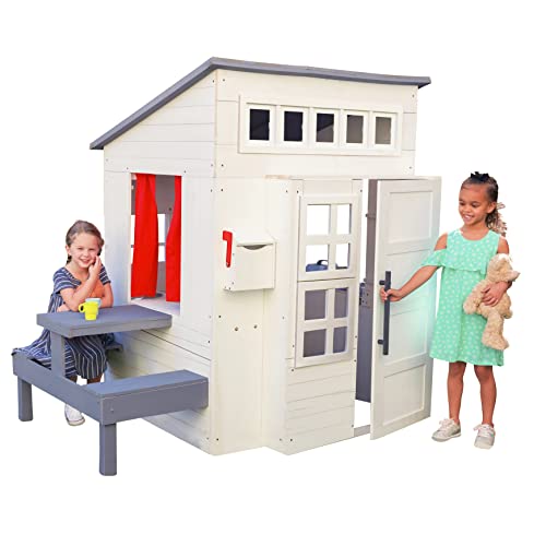 KidKraft Modern Outdoor Wooden Playhouse with Picnic Table, Mailbox, and Grill White