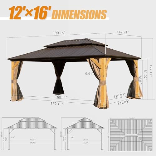LOPOO Cedar Wood Gazebo with Hardtop, Netting & Curtains Brown