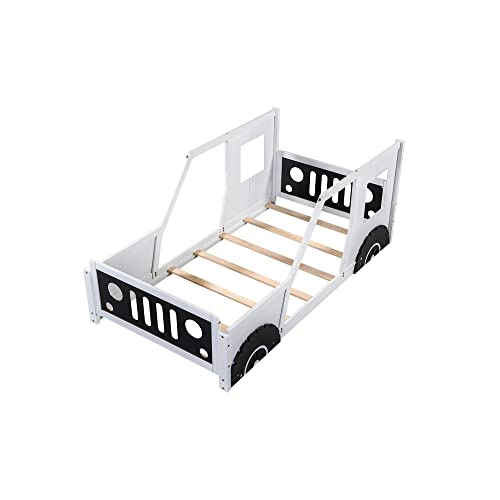 Winwee Twin Car-Shaped Platform Bed Frame with Wheels, White