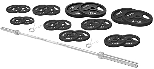 Signature Fitness Cast Iron Olympic Weight Plates & Barbell Set 325LB with Barbell