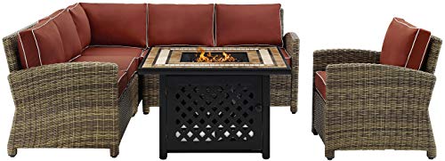 Crosley Furniture Bradenton 5-Piece Wicker Outdoor Sectional Sofa Set with Fire Pit Table Brown with Sangria Cushions