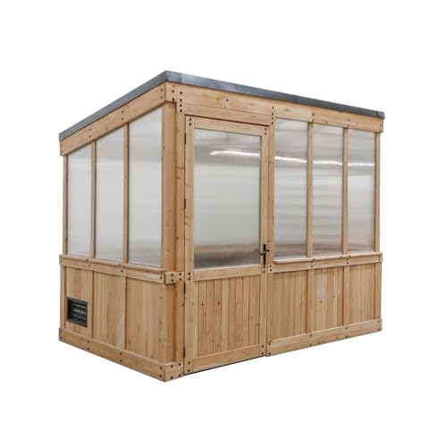 Backyard Discovery Willow 9' x 6' Cedar Greenhouse Kit with Exhaust Fan, Windows, and Staging Shelves Light Brown
