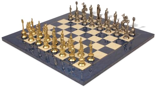 The Chess Store Napoleon Theme Brass & Nickel Chess Set with Blue Ash Burl Board