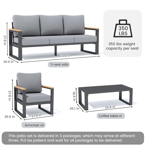 Sundale Outdoor Aluminum Patio Furniture Set, 4 Piece Modern Sectional with 6 Inch Cushion Grey