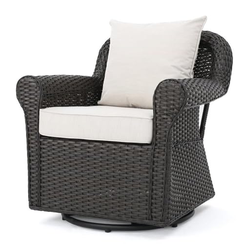 Noble House Amaya Outdoor Dark Brown Wicker Swivel Rocking Chair Set of 4 with Beige Cushions Brown