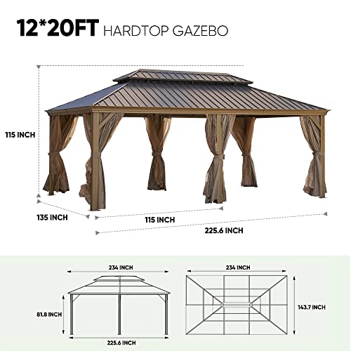 Endark 12x20FT Hardtop Gazebo with Galvanized Steel Double Roof, Wood-Look Aluminum Frame, Netting & Curtains