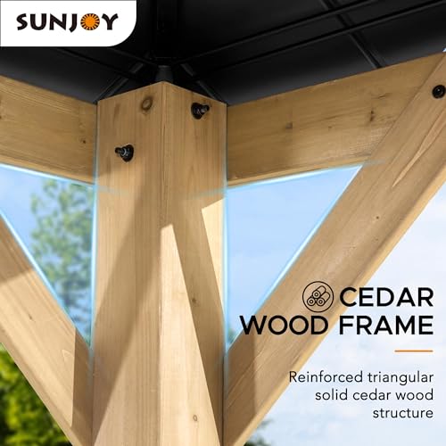 Sunjoy 11x11 ft. Wood Gazebo with Black Steel Hardtop Roof and Natural Wood Frame