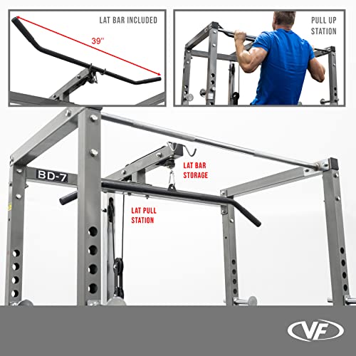 Valor Fitness Power Squat Rack with Lat Pull Attachment and Pull Up Bar Station Black