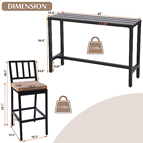 ONLYCTR 7 Piece Outdoor Bar Set with Cushions, Metal Patio Bar Table and Stools, Black