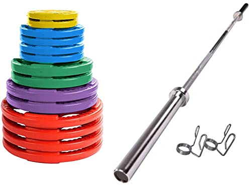 French Fitness Colored Rubber Grip Weight Plate Set w/7 ft Olympic Bar 395 lbs