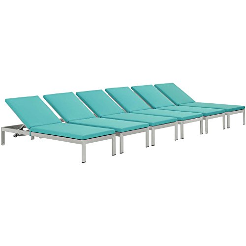 Modway Shore 6 Piece Outdoor Patio Aluminum Chaise with Cushions Silver Turquoise