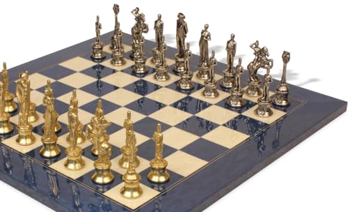 The Chess Store Napoleon Theme Brass & Nickel Chess Set with Blue Ash Burl Board