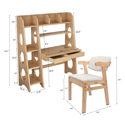 BALANBO Kids Desk and Chair Set with Drawers and Bookshelf Natural Color